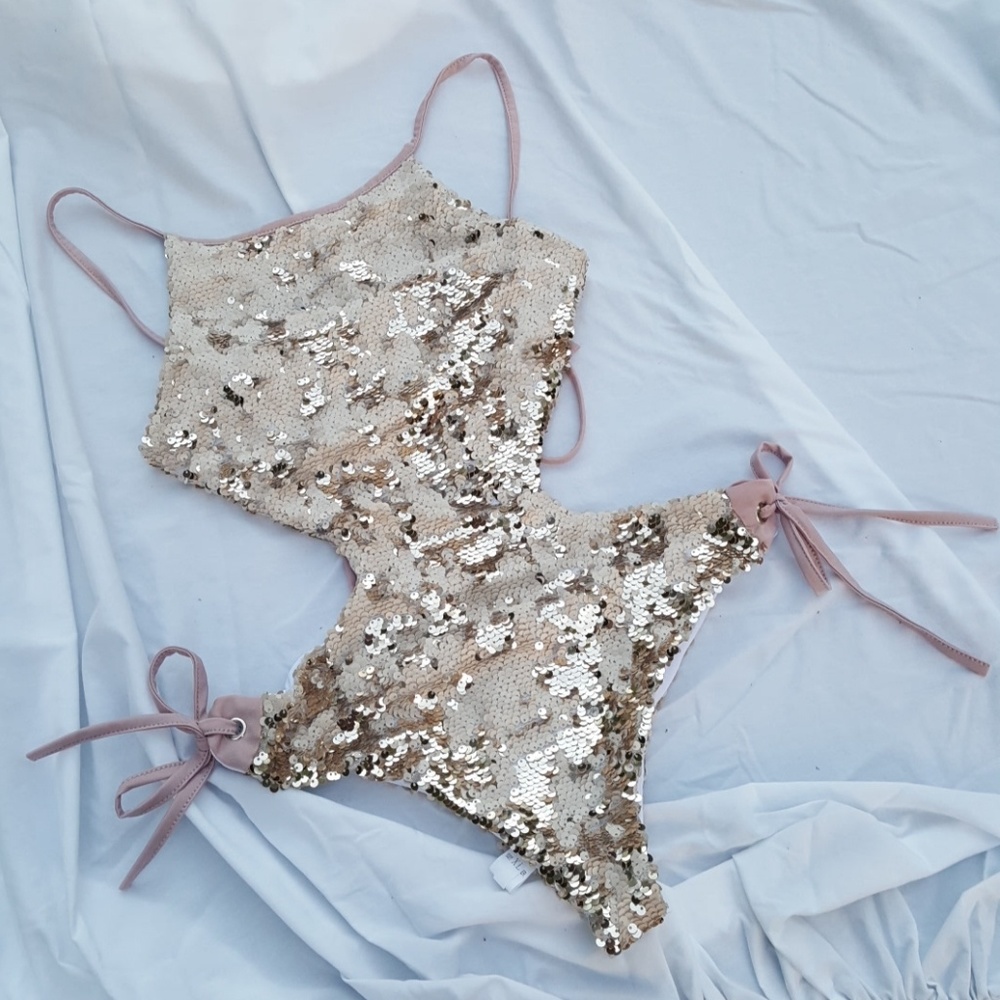 Rose Gold champagne mermaid flip sequin swim suit